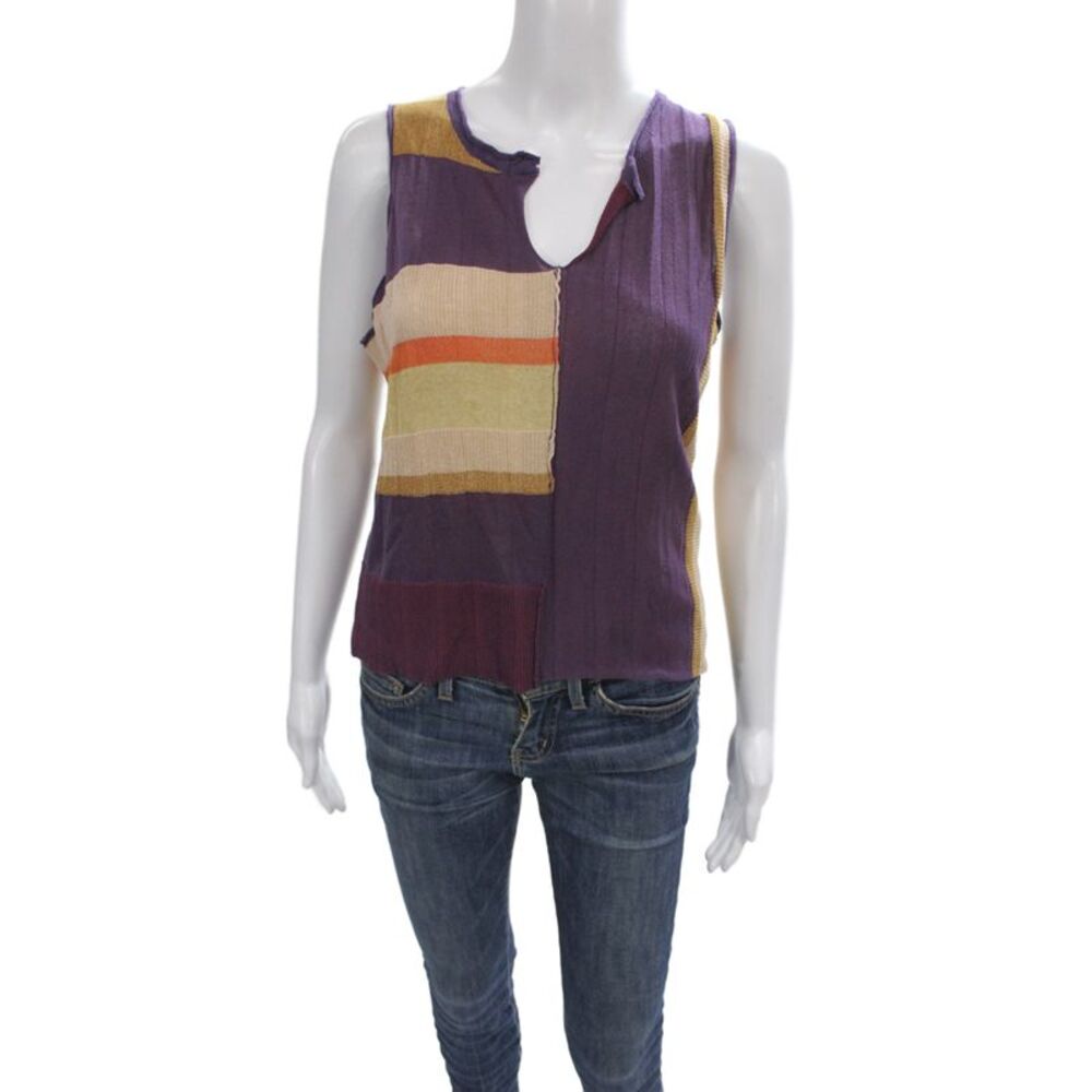 Cotelac Women Purple Striped V-Neck Basic Tank Sleeveless Size S